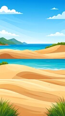 A vibrant illustration captures a sunny beach scene. Golden sand dunes meet the turquoise sea under a bright blue sky with fluffy clouds