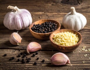 Close-up view of fresh garlic, peppercorns, and spices in wooden bowls