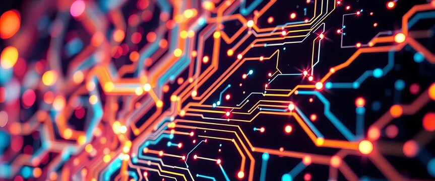 Abstract glowing circuit board with nodes and connections, purple, illustration - Powered by Adobe