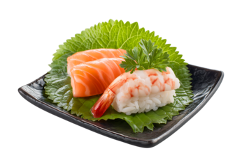Fresh Salmon and Shrimp Nigiri Sushi Elegantly Served on a Black Plate isolated on a transparent background