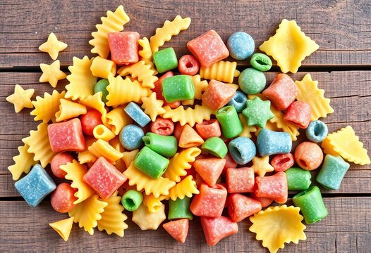 Dry pasta assortment, various shapes and colors on rustic wooden background, penne, culinary