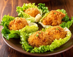 Crispy, golden-brown food atop lettuce leaves on a brown plate