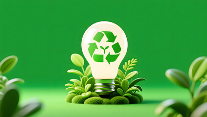 Eco-friendly light bulb surrounded by green plants