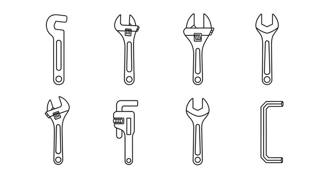 Collection of adjustable wrenches and tools hand drawn sketch style professional equipment vector
