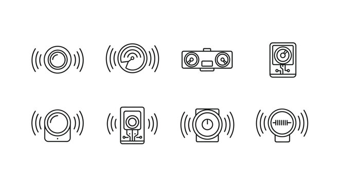 Collection of line art icons representing smart home devices and connectivity signals vector
