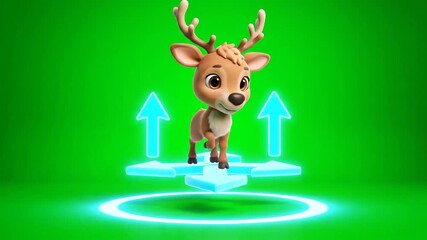 Animated 3D Cute Reindeer on Neon Glowing Blue Arrow Platform with Green Screen Background Perfect for Festive Holiday Themes and Children Content Creation Animation Loop Render - Powered by Adobe