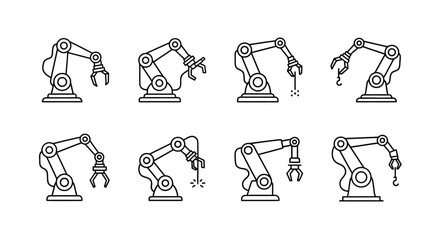 Collection of industrial robotic arms with grippers and different poses for automation manufacturing assembly vector