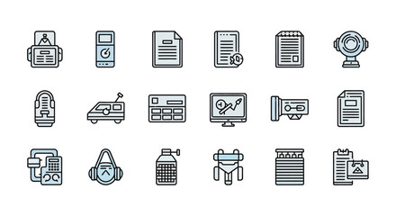 Collection of business and technology icons representing data analysis and productivity vector