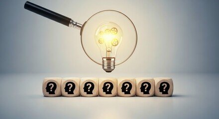 Magnifying glass examining a glowing light bulb above a row of dice with question marks and silhouette heads