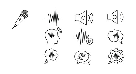 Hand drawn microphone audio waveform and speaker icons representing sound and voice technology concepts vector
