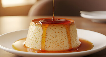 Delicious caramel flan dessert with syrup being poured on top for culinary enjoyment