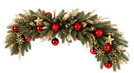 A festive Christmas garland adorned with red baubles, golden stars, and pine needles, perfect for holiday decoration.