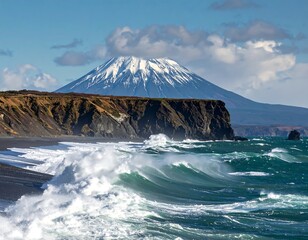 Coastal landscape with crashing waves, cliff, and snow-capped mountain