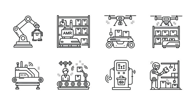 Modern warehouse automation icons showing robots drones and smart systems for industrial logistics and supply chain vector