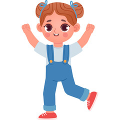 Joyful cartoon girl with brown hair in blue overalls and white t shirt raising hands in excitement on a transparent background