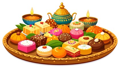 A vibrant illustration depicting a traditional offering of colorful sweets arranged on a decorative tray, illuminated by lit candles