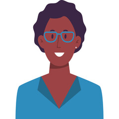 Illustration Of A Woman With Dark Skin And Short Purple Hair Wearing Blue Eyeglasses And A Teal Blue Blazer With A Teal Blue V-Neck Shirt A Friendly Smile And A Transparant Background