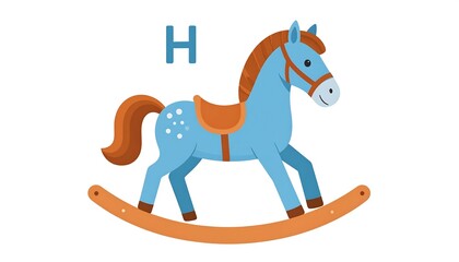 A vibrant illustration depicts a blue rocking horse with a brown mane, tail, and saddle, paired with a blue letter "H". It sits on wooden rockers