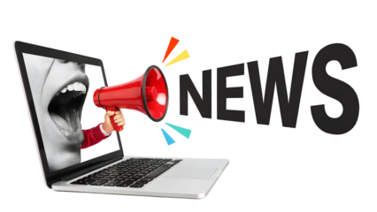 A laptop displaying a mouth and a hand holding a megaphone with the word news beside it on transparent background