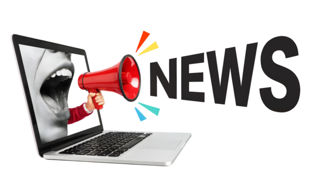 A laptop displaying a mouth and a hand holding a megaphone with the word news beside it on transparent background