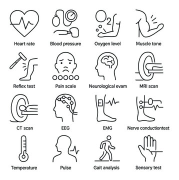 Medical diagnostic icons: heart rate, blood pressure, oxygen, muscle, neurological evaluation
