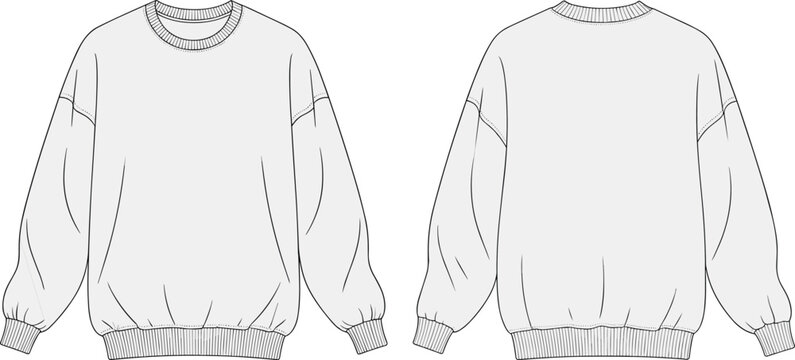 Crewneck sweatshirt technical fashion sketch, front and back view, ribbed cuffs and hem, balloon sleeves, garment design flat illustration