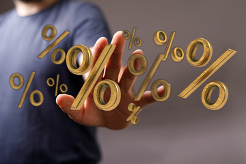 Hand reaching out to touch percentages, finance concept. Perfect for business, marketing, sales,...