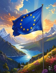 A vibrant illustration depicts a flag with golden stars waving against a scenic backdrop. Mountains, a river, and a bright sky are in view