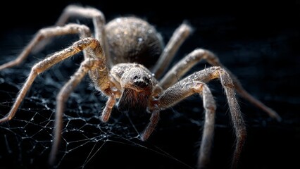Fototapeta premium Extreme close up macro photograph of a hairy brown spider positioned on its intricate silk web against a dark background