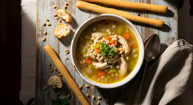 Delicious chicken barley soup with breadsticks and bread pieces on a wooden table - Powered by Adobe