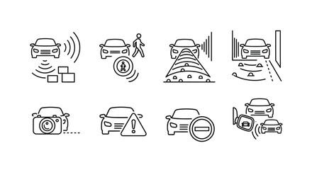 Car sensor technology icons set automatic driving safety features symbols modern automotive assistance vector