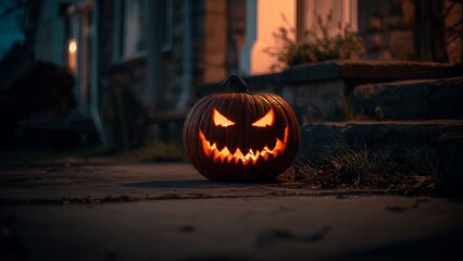A carved jack o' lantern sits on a pathway at dusk its face glowing with an eerie orange light