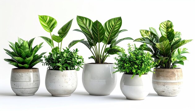 Assortment of Green Houseplants in Ceramic Pots Displayed Against a Clean White Background Showing Healthy Foliage and Diverse Textures