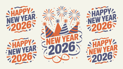 Fototapeta premium Happy New Year 2026 Illustration with Party Hats, Fireworks, and Festive Typography Elements for Celebration