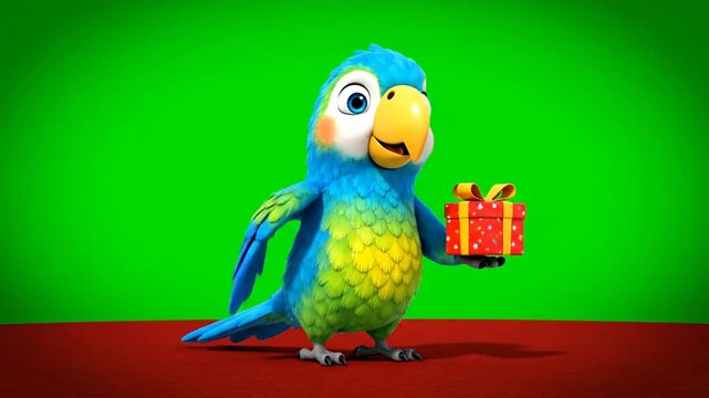 Adorable Blue and Yellow Parrot Holding a Red Present on Green Screen Background in 3D Render Animation Perfect for Festive Holiday Themes and Gift Giving Concepts for Animated Projects and Creative