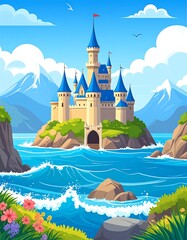 A vibrant illustration depicts a majestic castle on an island, surrounded by water with a sunny sky and mountains in the background