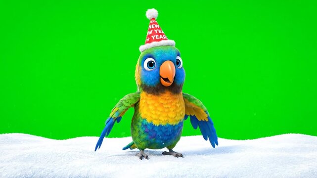 Adorable Colorful Parrot Character Wearing a Christmas Hat Standing on Snow Against Green Screen Perfect for Holiday Decorations and Festive Animations Animated 3D Rendering Christmas Atmosphere and