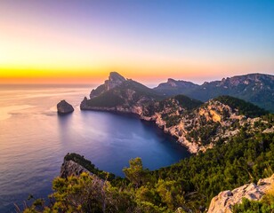 Coastal vista at dawn showcasing dramatic cliffs and vibrant sky colors