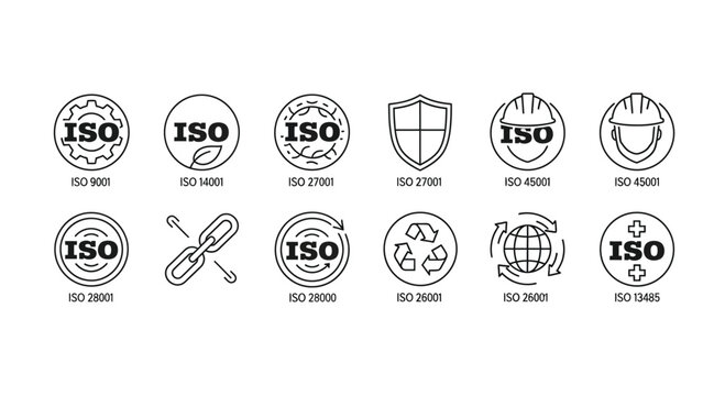 Collection of iso certification icons and quality standards badges for business and industry vector