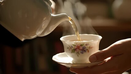 A close-up shot of a hand pouring tea from a white teapot into a teacup with a saucer. - Powered by Adobe