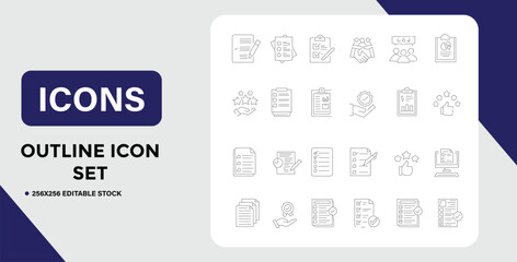 Collection of Outline Icons Representing Business Documents and Success on a White Background