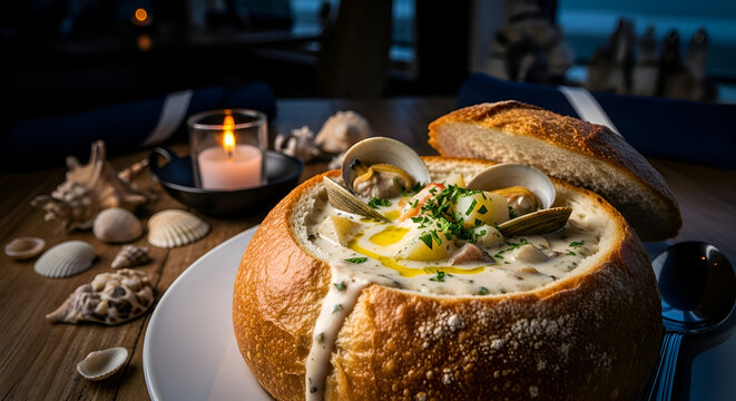 Delicious clam chowder served in a bread bowl with shells and a lit candle on the side