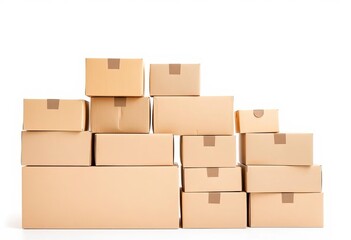 Obraz premium Stack of various sized cardboard boxes, light brown, against a white background, supply, goods