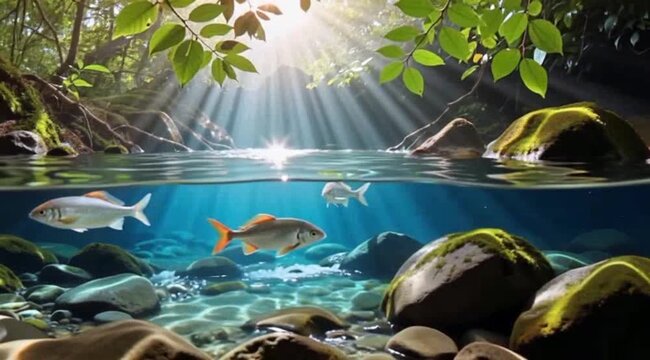 Stunning underwater view of fish swimming in crystal clear river with sun rays shining through trees
