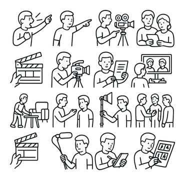 Cartoon characters in filmmaking scenes with diverse actions and equipment
