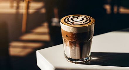 Delicious Coffee Latte Art with Heart Shape in a Clear Glass on a White Table