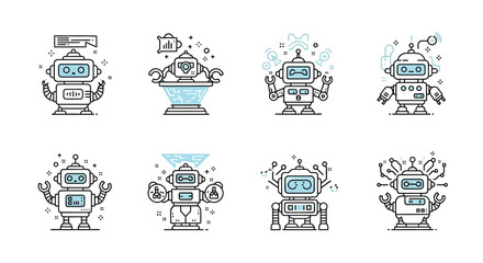 Collection of retro and futuristic robot icons for technology and sci-fi projects vector