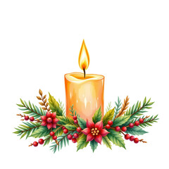 Elegant Candle with Holiday Decorations and Festive Greenery