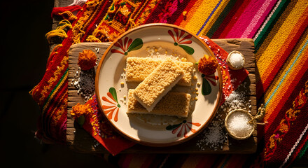 Fototapeta premium Delicious dessert presented on a plate with colorful background and decorative elements