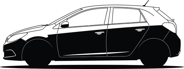 Side view of a compact hatchback car, showcasing its design and features isolated on white background